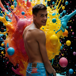 Paint Splat Fun - AI Photos of Hot men having fun with body paint. AI-generated abstract art featuring beautiful, handsome, sexy, shirtless, men, boys, lads, full of excitement joy and fun, covered in body paint, dynamic, interactive, Combining elements of realism with surreal abstract qualities, showcasing the potential of AI, in artistic expression. Photos of guys, just smiling, happy, and having a good time. Most of them are smiling because a paint bomb just blow up next to them, so I'm calling is Abstract Art. When paint attacks and makes people happy, it's Art!