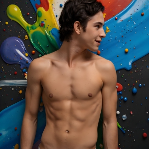 Paint Splat Fun - AI Photos of Hot men having fun with body paint. AI-generated abstract art featuring beautiful, handsome, sexy, shirtless, men, boys, lads, full of excitement joy and fun, covered in body paint, dynamic, interactive, Combining elements of realism with surreal abstract qualities, showcasing the potential of AI, in artistic expression. Photos of guys, just smiling, happy, and having a good time. Most of them are smiling because a paint bomb just blow up next to them, so I'm calling is Abstract Art. When paint attacks and makes people happy, it's Art!