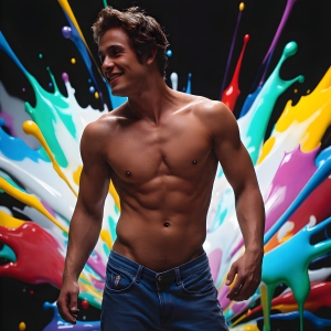 Paint Splat Fun - AI Photos of Hot men having fun with body paint. AI-generated abstract art featuring beautiful, handsome, sexy, shirtless, men, boys, lads, full of excitement joy and fun, covered in body paint, dynamic, interactive, Combining elements of realism with surreal abstract qualities, showcasing the potential of AI, in artistic expression. Photos of guys, just smiling, happy, and having a good time. Most of them are smiling because a paint bomb just blow up next to them, so I'm calling is Abstract Art. When paint attacks and makes people happy, it's Art!