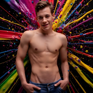 Paint Splat Fun - AI Photos of Hot men having fun with body paint. AI-generated abstract art featuring beautiful, handsome, sexy, shirtless, men, boys, lads, full of excitement joy and fun, covered in body paint, dynamic, interactive, Combining elements of realism with surreal abstract qualities, showcasing the potential of AI, in artistic expression. Photos of guys, just smiling, happy, and having a good time. Most of them are smiling because a paint bomb just blow up next to them, so I'm calling is Abstract Art. When paint attacks and makes people happy, it's Art!