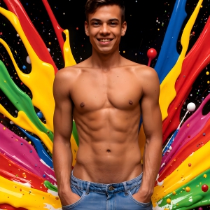 Paint Splat Fun - AI Photos of Hot men having fun with body paint. AI-generated abstract art featuring beautiful, handsome, sexy, shirtless, men, boys, lads, full of excitement joy and fun, covered in body paint, dynamic, interactive, Combining elements of realism with surreal abstract qualities, showcasing the potential of AI, in artistic expression. Photos of guys, just smiling, happy, and having a good time. Most of them are smiling because a paint bomb just blow up next to them, so I'm calling is Abstract Art. When paint attacks and makes people happy, it's Art!