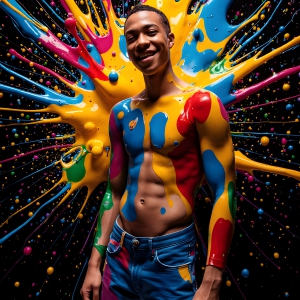 Paint Splat Fun - AI Photos of Hot men having fun with body paint. AI-generated abstract art featuring beautiful, handsome, sexy, shirtless, men, boys, lads, full of excitement joy and fun, covered in body paint, dynamic, interactive, Combining elements of realism with surreal abstract qualities, showcasing the potential of AI, in artistic expression. Photos of guys, just smiling, happy, and having a good time. Most of them are smiling because a paint bomb just blow up next to them, so I'm calling is Abstract Art. When paint attacks and makes people happy, it's Art!