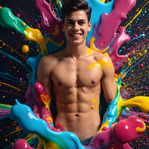 Paint Splat Fun - AI Photos of Hot men having fun with body paint. AI-generated abstract art featuring beautiful, handsome, sexy, shirtless, men, boys, lads, full of excitement joy and fun, covered in body paint, dynamic, interactive, Combining elements of realism with surreal abstract qualities, showcasing the potential of AI, in artistic expression. Photos of guys, just smiling, happy, and having a good time. Most of them are smiling because a paint bomb just blow up next to them, so I'm calling is Abstract Art. When paint attacks and makes people happy, it's Art!