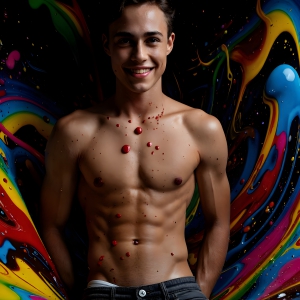 Paint Splat Fun - AI Photos of Hot men having fun with body paint. AI-generated abstract art featuring beautiful, handsome, sexy, shirtless, men, boys, lads, full of excitement joy and fun, covered in body paint, dynamic, interactive, Combining elements of realism with surreal abstract qualities, showcasing the potential of AI, in artistic expression. Photos of guys, just smiling, happy, and having a good time. Most of them are smiling because a paint bomb just blow up next to them, so I'm calling is Abstract Art. When paint attacks and makes people happy, it's Art!