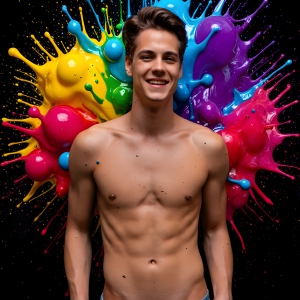 Paint Splat Fun - AI Photos of Hot men having fun with body paint. AI-generated abstract art featuring beautiful, handsome, sexy, shirtless, men, boys, lads, full of excitement joy and fun, covered in body paint, dynamic, interactive, Combining elements of realism with surreal abstract qualities, showcasing the potential of AI, in artistic expression. Photos of guys, just smiling, happy, and having a good time. Most of them are smiling because a paint bomb just blow up next to them, so I'm calling is Abstract Art. When paint attacks and makes people happy, it's Art!