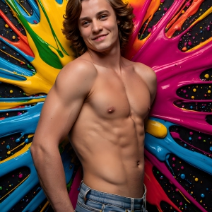 Paint Splat Fun - AI Photos of Hot men having fun with body paint. AI-generated abstract art featuring beautiful, handsome, sexy, shirtless, men, boys, lads, full of excitement joy and fun, covered in body paint, dynamic, interactive, Combining elements of realism with surreal abstract qualities, showcasing the potential of AI, in artistic expression. Photos of guys, just smiling, happy, and having a good time. Most of them are smiling because a paint bomb just blow up next to them, so I'm calling is Abstract Art. When paint attacks and makes people happy, it's Art!