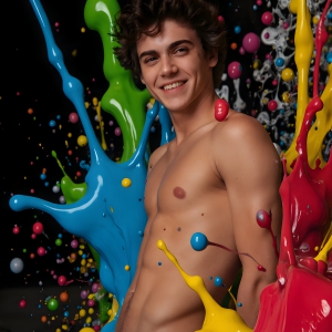 Paint Splat Fun - AI Photos of Hot men having fun with body paint. AI-generated abstract art featuring beautiful, handsome, sexy, shirtless, men, boys, lads, full of excitement joy and fun, covered in body paint, dynamic, interactive, Combining elements of realism with surreal abstract qualities, showcasing the potential of AI, in artistic expression. Photos of guys, just smiling, happy, and having a good time. Most of them are smiling because a paint bomb just blow up next to them, so I'm calling is Abstract Art. When paint attacks and makes people happy, it's Art!
