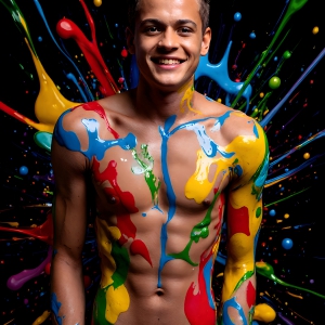 Paint Splat Fun - AI Photos of Hot men having fun with body paint. AI-generated abstract art featuring beautiful, handsome, sexy, shirtless, men, boys, lads, full of excitement joy and fun, covered in body paint, dynamic, interactive, Combining elements of realism with surreal abstract qualities, showcasing the potential of AI, in artistic expression. Photos of guys, just smiling, happy, and having a good time. Most of them are smiling because a paint bomb just blow up next to them, so I'm calling is Abstract Art. When paint attacks and makes people happy, it's Art!