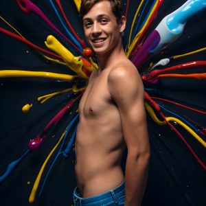 Paint Splat Fun - AI Photos of Hot men having fun with body paint. AI-generated abstract art featuring beautiful, handsome, sexy, shirtless, men, boys, lads, full of excitement joy and fun, covered in body paint, dynamic, interactive, Combining elements of realism with surreal abstract qualities, showcasing the potential of AI, in artistic expression. Photos of guys, just smiling, happy, and having a good time. Most of them are smiling because a paint bomb just blow up next to them, so I'm calling is Abstract Art. When paint attacks and makes people happy, it's Art!