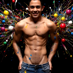 Paint Splat Fun - AI Photos of Hot men having fun with body paint. AI-generated abstract art featuring beautiful, handsome, sexy, shirtless, men, boys, lads, full of excitement joy and fun, covered in body paint, dynamic, interactive, Combining elements of realism with surreal abstract qualities, showcasing the potential of AI, in artistic expression. Photos of guys, just smiling, happy, and having a good time. Most of them are smiling because a paint bomb just blow up next to them, so I'm calling is Abstract Art. When paint attacks and makes people happy, it's Art!