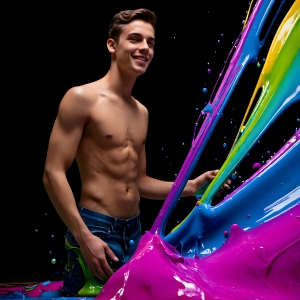 Paint Splat Fun - AI Photos of Hot men having fun with body paint. AI-generated abstract art featuring beautiful, handsome, sexy, shirtless, men, boys, lads, full of excitement joy and fun, covered in body paint, dynamic, interactive, Combining elements of realism with surreal abstract qualities, showcasing the potential of AI, in artistic expression. Photos of guys, just smiling, happy, and having a good time. Most of them are smiling because a paint bomb just blow up next to them, so I'm calling is Abstract Art. When paint attacks and makes people happy, it's Art!