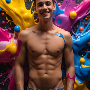 Paint Splat Fun - AI Photos of Hot men having fun with body paint. AI-generated abstract art featuring beautiful, handsome, sexy, shirtless, men, boys, lads, full of excitement joy and fun, covered in body paint, dynamic, interactive, Combining elements of realism with surreal abstract qualities, showcasing the potential of AI, in artistic expression. Photos of guys, just smiling, happy, and having a good time. Most of them are smiling because a paint bomb just blow up next to them, so I'm calling is Abstract Art. When paint attacks and makes people happy, it's Art!