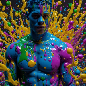 Paint Splat Fun - AI Photos of Hot men having fun with body paint. AI-generated abstract art featuring beautiful, handsome, sexy, shirtless, men, boys, lads, full of excitement joy and fun, covered in body paint, dynamic, interactive, Combining elements of realism with surreal abstract qualities, showcasing the potential of AI, in artistic expression. Photos of guys, just smiling, happy, and having a good time. Most of them are smiling because a paint bomb just blow up next to them, so I'm calling is Abstract Art. When paint attacks and makes people happy, it's Art!