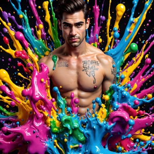 Paint Splat Fun - AI Photos of Hot men having fun with body paint. AI-generated abstract art featuring beautiful, handsome, sexy, shirtless, men, boys, lads, full of excitement joy and fun, covered in body paint, dynamic, interactive, Combining elements of realism with surreal abstract qualities, showcasing the potential of AI, in artistic expression. Photos of guys, just smiling, happy, and having a good time. Most of them are smiling because a paint bomb just blow up next to them, so I'm calling is Abstract Art. When paint attacks and makes people happy, it's Art!