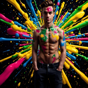 Paint Splat Fun - AI Photos of Hot men having fun with body paint. AI-generated abstract art featuring beautiful, handsome, sexy, shirtless, men, boys, lads, full of excitement joy and fun, covered in body paint, dynamic, interactive, Combining elements of realism with surreal abstract qualities, showcasing the potential of AI, in artistic expression. Photos of guys, just smiling, happy, and having a good time. Most of them are smiling because a paint bomb just blow up next to them, so I'm calling is Abstract Art. When paint attacks and makes people happy, it's Art!