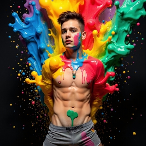 Paint Splat Fun - AI Photos of Hot men having fun with body paint. AI-generated abstract art featuring beautiful, handsome, sexy, shirtless, men, boys, lads, full of excitement joy and fun, covered in body paint, dynamic, interactive, Combining elements of realism with surreal abstract qualities, showcasing the potential of AI, in artistic expression. Photos of guys, just smiling, happy, and having a good time. Most of them are smiling because a paint bomb just blow up next to them, so I'm calling is Abstract Art. When paint attacks and makes people happy, it's Art!