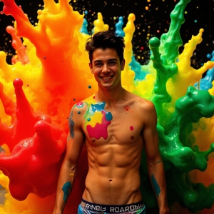 Paint Splat Fun - AI Photos of Hot men having fun with body paint. AI-generated abstract art featuring beautiful, handsome, sexy, shirtless, men, boys, lads, full of excitement joy and fun, covered in body paint, dynamic, interactive, Combining elements of realism with surreal abstract qualities, showcasing the potential of AI, in artistic expression. Photos of guys, just smiling, happy, and having a good time. Most of them are smiling because a paint bomb just blow up next to them, so I'm calling is Abstract Art. When paint attacks and makes people happy, it's Art!