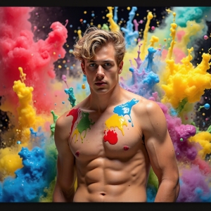 Paint Splat Fun - AI Photos of Hot men having fun with body paint. AI-generated abstract art featuring beautiful, handsome, sexy, shirtless, men, boys, lads, full of excitement joy and fun, covered in body paint, dynamic, interactive, Combining elements of realism with surreal abstract qualities, showcasing the potential of AI, in artistic expression. Photos of guys, just smiling, happy, and having a good time. Most of them are smiling because a paint bomb just blow up next to them, so I'm calling is Abstract Art. When paint attacks and makes people happy, it's Art!