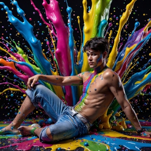 Paint Splat Fun - AI Photos of Hot men having fun with body paint. AI-generated abstract art featuring beautiful, handsome, sexy, shirtless, men, boys, lads, full of excitement joy and fun, covered in body paint, dynamic, interactive, Combining elements of realism with surreal abstract qualities, showcasing the potential of AI, in artistic expression. Photos of guys, just smiling, happy, and having a good time. Most of them are smiling because a paint bomb just blow up next to them, so I'm calling is Abstract Art. When paint attacks and makes people happy, it's Art!