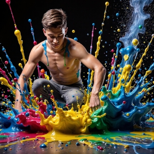 Paint Splat Fun - AI Photos of Hot men having fun with body paint. AI-generated abstract art featuring beautiful, handsome, sexy, shirtless, men, boys, lads, full of excitement joy and fun, covered in body paint, dynamic, interactive, Combining elements of realism with surreal abstract qualities, showcasing the potential of AI, in artistic expression. Photos of guys, just smiling, happy, and having a good time. Most of them are smiling because a paint bomb just blow up next to them, so I'm calling is Abstract Art. When paint attacks and makes people happy, it's Art!