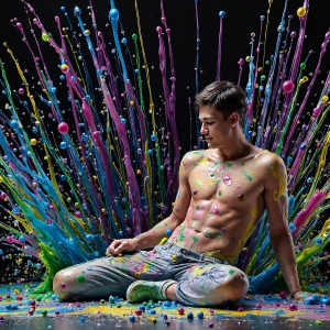 Paint Splat Fun - AI Photos of Hot men having fun with body paint. AI-generated abstract art featuring beautiful, handsome, sexy, shirtless, men, boys, lads, full of excitement joy and fun, covered in body paint, dynamic, interactive, Combining elements of realism with surreal abstract qualities, showcasing the potential of AI, in artistic expression. Photos of guys, just smiling, happy, and having a good time. Most of them are smiling because a paint bomb just blow up next to them, so I'm calling is Abstract Art. When paint attacks and makes people happy, it's Art!