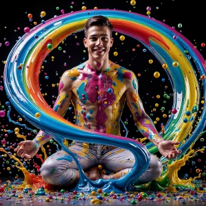 Paint Splat Fun - AI Photos of Hot men having fun with body paint. AI-generated abstract art featuring beautiful, handsome, sexy, shirtless, men, boys, lads, full of excitement joy and fun, covered in body paint, dynamic, interactive, Combining elements of realism with surreal abstract qualities, showcasing the potential of AI, in artistic expression. Photos of guys, just smiling, happy, and having a good time. Most of them are smiling because a paint bomb just blow up next to them, so I'm calling is Abstract Art. When paint attacks and makes people happy, it's Art!