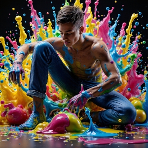 Paint Splat Fun - AI Photos of Hot men having fun with body paint. AI-generated abstract art featuring beautiful, handsome, sexy, shirtless, men, boys, lads, full of excitement joy and fun, covered in body paint, dynamic, interactive, Combining elements of realism with surreal abstract qualities, showcasing the potential of AI, in artistic expression. Photos of guys, just smiling, happy, and having a good time. Most of them are smiling because a paint bomb just blow up next to them, so I'm calling is Abstract Art. When paint attacks and makes people happy, it's Art!