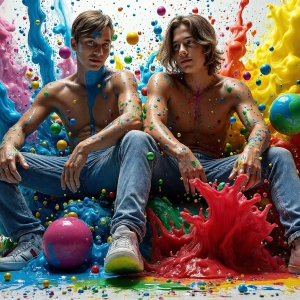 Paint Splat Fun - AI Photos of Hot men having fun with body paint. AI-generated abstract art featuring beautiful, handsome, sexy, shirtless, men, boys, lads, full of excitement joy and fun, covered in body paint, dynamic, interactive, Combining elements of realism with surreal abstract qualities, showcasing the potential of AI, in artistic expression. Photos of guys, just smiling, happy, and having a good time. Most of them are smiling because a paint bomb just blow up next to them, so I'm calling is Abstract Art. When paint attacks and makes people happy, it's Art!