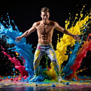 Paint Splat Fun - AI Photos of Hot men having fun with body paint. AI-generated abstract art featuring beautiful, handsome, sexy, shirtless, men, boys, lads, full of excitement joy and fun, covered in body paint, dynamic, interactive, Combining elements of realism with surreal abstract qualities, showcasing the potential of AI, in artistic expression. Photos of guys, just smiling, happy, and having a good time. Most of them are smiling because a paint bomb just blow up next to them, so I'm calling is Abstract Art. When paint attacks and makes people happy, it's Art!
