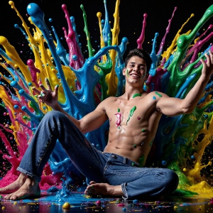 Paint Splat Fun - AI Photos of Hot men having fun with body paint. AI-generated abstract art featuring beautiful, handsome, sexy, shirtless, men, boys, lads, full of excitement joy and fun, covered in body paint, dynamic, interactive, Combining elements of realism with surreal abstract qualities, showcasing the potential of AI, in artistic expression. Photos of guys, just smiling, happy, and having a good time. Most of them are smiling because a paint bomb just blow up next to them, so I'm calling is Abstract Art. When paint attacks and makes people happy, it's Art!