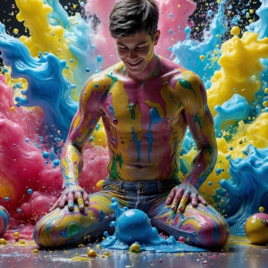 Paint Splat Fun - AI Photos of Hot men having fun with body paint. AI-generated abstract art featuring beautiful, handsome, sexy, shirtless, men, boys, lads, full of excitement joy and fun, covered in body paint, dynamic, interactive, Combining elements of realism with surreal abstract qualities, showcasing the potential of AI, in artistic expression. Photos of guys, just smiling, happy, and having a good time. Most of them are smiling because a paint bomb just blow up next to them, so I'm calling is Abstract Art. When paint attacks and makes people happy, it's Art!