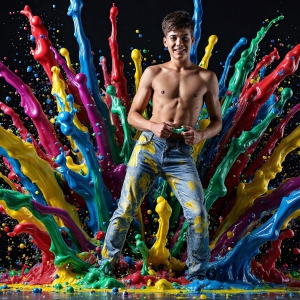 Paint Splat Fun - AI Photos of Hot men having fun with body paint. AI-generated abstract art featuring beautiful, handsome, sexy, shirtless, men, boys, lads, full of excitement joy and fun, covered in body paint, dynamic, interactive, Combining elements of realism with surreal abstract qualities, showcasing the potential of AI, in artistic expression. Photos of guys, just smiling, happy, and having a good time. Most of them are smiling because a paint bomb just blow up next to them, so I'm calling is Abstract Art. When paint attacks and makes people happy, it's Art!