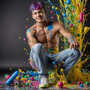 Paint Splat Fun - AI Photos of Hot men having fun with body paint. AI-generated abstract art featuring beautiful, handsome, sexy, shirtless, men, boys, lads, full of excitement joy and fun, covered in body paint, dynamic, interactive, Combining elements of realism with surreal abstract qualities, showcasing the potential of AI, in artistic expression. Photos of guys, just smiling, happy, and having a good time. Most of them are smiling because a paint bomb just blow up next to them, so I'm calling is Abstract Art. When paint attacks and makes people happy, it's Art!