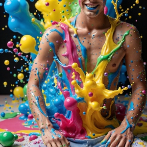 Paint Splat Fun - AI Photos of Hot men having fun with body paint. AI-generated abstract art featuring beautiful, handsome, sexy, shirtless, men, boys, lads, full of excitement joy and fun, covered in body paint, dynamic, interactive, Combining elements of realism with surreal abstract qualities, showcasing the potential of AI, in artistic expression. Photos of guys, just smiling, happy, and having a good time. Most of them are smiling because a paint bomb just blow up next to them, so I'm calling is Abstract Art. When paint attacks and makes people happy, it's Art!