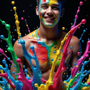 Paint Splat Fun - AI Photos of Hot men having fun with body paint. AI-generated abstract art featuring beautiful, handsome, sexy, shirtless, men, boys, lads, full of excitement joy and fun, covered in body paint, dynamic, interactive, Combining elements of realism with surreal abstract qualities, showcasing the potential of AI, in artistic expression. Photos of guys, just smiling, happy, and having a good time. Most of them are smiling because a paint bomb just blow up next to them, so I'm calling is Abstract Art. When paint attacks and makes people happy, it's Art!