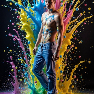 Paint Splat Fun - AI Photos of Hot men having fun with body paint. AI-generated abstract art featuring beautiful, handsome, sexy, shirtless, men, boys, lads, full of excitement joy and fun, covered in body paint, dynamic, interactive, Combining elements of realism with surreal abstract qualities, showcasing the potential of AI, in artistic expression. Photos of guys, just smiling, happy, and having a good time. Most of them are smiling because a paint bomb just blow up next to them, so I'm calling is Abstract Art. When paint attacks and makes people happy, it's Art!