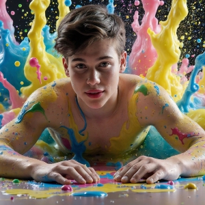 Paint Splat Fun - AI Photos of Hot men having fun with body paint. AI-generated abstract art featuring beautiful, handsome, sexy, shirtless, men, boys, lads, full of excitement joy and fun, covered in body paint, dynamic, interactive, Combining elements of realism with surreal abstract qualities, showcasing the potential of AI, in artistic expression. Photos of guys, just smiling, happy, and having a good time. Most of them are smiling because a paint bomb just blow up next to them, so I'm calling is Abstract Art. When paint attacks and makes people happy, it's Art!