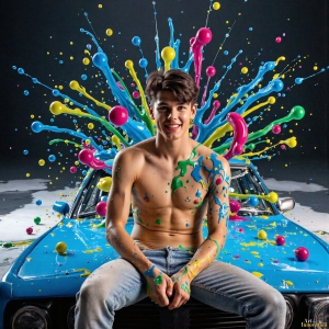 Paint Splat Fun - AI Photos of Hot men having fun with body paint. AI-generated abstract art featuring beautiful, handsome, sexy, shirtless, men, boys, lads, full of excitement joy and fun, covered in body paint, dynamic, interactive, Combining elements of realism with surreal abstract qualities, showcasing the potential of AI, in artistic expression. Photos of guys, just smiling, happy, and having a good time. Most of them are smiling because a paint bomb just blow up next to them, so I'm calling is Abstract Art. When paint attacks and makes people happy, it's Art!