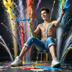 Paint Splat Fun - AI Photos of Hot men having fun with body paint. AI-generated abstract art featuring beautiful, handsome, sexy, shirtless, men, boys, lads, full of excitement joy and fun, covered in body paint, dynamic, interactive, Combining elements of realism with surreal abstract qualities, showcasing the potential of AI, in artistic expression. Photos of guys, just smiling, happy, and having a good time. Most of them are smiling because a paint bomb just blow up next to them, so I'm calling is Abstract Art. When paint attacks and makes people happy, it's Art!