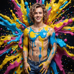 Paint Splat Fun - AI Photos of Hot men having fun with body paint. AI-generated abstract art featuring beautiful, handsome, sexy, shirtless, men, boys, lads, full of excitement joy and fun, covered in body paint, dynamic, interactive, Combining elements of realism with surreal abstract qualities, showcasing the potential of AI, in artistic expression. Photos of guys, just smiling, happy, and having a good time. Most of them are smiling because a paint bomb just blow up next to them, so I'm calling is Abstract Art. When paint attacks and makes people happy, it's Art!