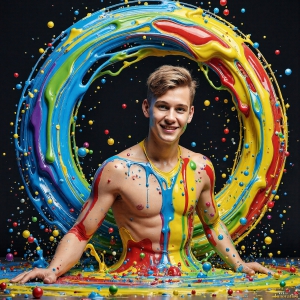 Paint Splat Fun - AI Photos of Hot men having fun with body paint. AI-generated abstract art featuring beautiful, handsome, sexy, shirtless, men, boys, lads, full of excitement joy and fun, covered in body paint, dynamic, interactive, Combining elements of realism with surreal abstract qualities, showcasing the potential of AI, in artistic expression. Photos of guys, just smiling, happy, and having a good time. Most of them are smiling because a paint bomb just blow up next to them, so I'm calling is Abstract Art. When paint attacks and makes people happy, it's Art!
