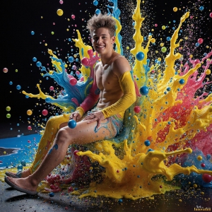 Paint Splat Fun - AI Photos of Hot men having fun with body paint. AI-generated abstract art featuring beautiful, handsome, sexy, shirtless, men, boys, lads, full of excitement joy and fun, covered in body paint, dynamic, interactive, Combining elements of realism with surreal abstract qualities, showcasing the potential of AI, in artistic expression. Photos of guys, just smiling, happy, and having a good time. Most of them are smiling because a paint bomb just blow up next to them, so I'm calling is Abstract Art. When paint attacks and makes people happy, it's Art!