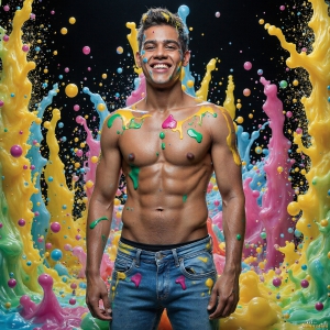 Paint Splat Fun - AI Photos of Hot men having fun with body paint. AI-generated abstract art featuring beautiful, handsome, sexy, shirtless, men, boys, lads, full of excitement joy and fun, covered in body paint, dynamic, interactive, Combining elements of realism with surreal abstract qualities, showcasing the potential of AI, in artistic expression. Photos of guys, just smiling, happy, and having a good time. Most of them are smiling because a paint bomb just blow up next to them, so I'm calling is Abstract Art. When paint attacks and makes people happy, it's Art!