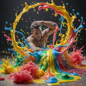 Paint Splat Fun - AI Photos of Hot men having fun with body paint. AI-generated abstract art featuring beautiful, handsome, sexy, shirtless, men, boys, lads, full of excitement joy and fun, covered in body paint, dynamic, interactive, Combining elements of realism with surreal abstract qualities, showcasing the potential of AI, in artistic expression. Photos of guys, just smiling, happy, and having a good time. Most of them are smiling because a paint bomb just blow up next to them, so I'm calling is Abstract Art. When paint attacks and makes people happy, it's Art!