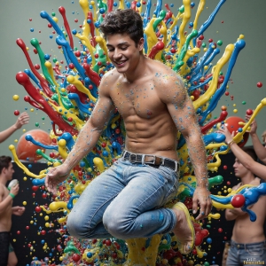 Paint Splat Fun - AI Photos of Hot men having fun with body paint. AI-generated abstract art featuring beautiful, handsome, sexy, shirtless, men, boys, lads, full of excitement joy and fun, covered in body paint, dynamic, interactive, Combining elements of realism with surreal abstract qualities, showcasing the potential of AI, in artistic expression. Photos of guys, just smiling, happy, and having a good time. Most of them are smiling because a paint bomb just blow up next to them, so I'm calling is Abstract Art. When paint attacks and makes people happy, it's Art!