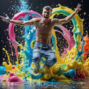 Paint Splat Fun - AI Photos of Hot men having fun with body paint. AI-generated abstract art featuring beautiful, handsome, sexy, shirtless, men, boys, lads, full of excitement joy and fun, covered in body paint, dynamic, interactive, Combining elements of realism with surreal abstract qualities, showcasing the potential of AI, in artistic expression. Photos of guys, just smiling, happy, and having a good time. Most of them are smiling because a paint bomb just blow up next to them, so I'm calling is Abstract Art. When paint attacks and makes people happy, it's Art!
