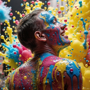 Paint Splat Fun - AI Photos of Hot men having fun with body paint. AI-generated abstract art featuring beautiful, handsome, sexy, shirtless, men, boys, lads, full of excitement joy and fun, covered in body paint, dynamic, interactive, Combining elements of realism with surreal abstract qualities, showcasing the potential of AI, in artistic expression. Photos of guys, just smiling, happy, and having a good time. Most of them are smiling because a paint bomb just blow up next to them, so I'm calling is Abstract Art. When paint attacks and makes people happy, it's Art!