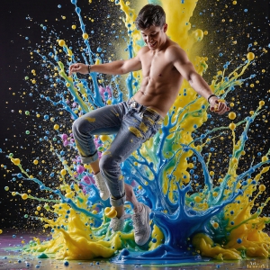 Paint Splat Fun - AI Photos of Hot men having fun with body paint. AI-generated abstract art featuring beautiful, handsome, sexy, shirtless, men, boys, lads, full of excitement joy and fun, covered in body paint, dynamic, interactive, Combining elements of realism with surreal abstract qualities, showcasing the potential of AI, in artistic expression. Photos of guys, just smiling, happy, and having a good time. Most of them are smiling because a paint bomb just blow up next to them, so I'm calling is Abstract Art. When paint attacks and makes people happy, it's Art!