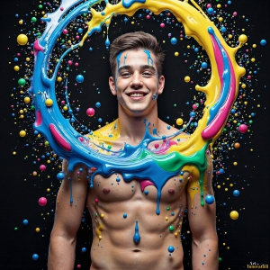 Paint Splat Fun - AI Photos of Hot men having fun with body paint. AI-generated abstract art featuring beautiful, handsome, sexy, shirtless, men, boys, lads, full of excitement joy and fun, covered in body paint, dynamic, interactive, Combining elements of realism with surreal abstract qualities, showcasing the potential of AI, in artistic expression. Photos of guys, just smiling, happy, and having a good time. Most of them are smiling because a paint bomb just blow up next to them, so I'm calling is Abstract Art. When paint attacks and makes people happy, it's Art!