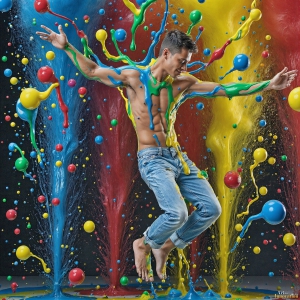 Paint Splat Fun - AI Photos of Hot men having fun with body paint. AI-generated abstract art featuring beautiful, handsome, sexy, shirtless, men, boys, lads, full of excitement joy and fun, covered in body paint, dynamic, interactive, Combining elements of realism with surreal abstract qualities, showcasing the potential of AI, in artistic expression. Photos of guys, just smiling, happy, and having a good time. Most of them are smiling because a paint bomb just blow up next to them, so I'm calling is Abstract Art. When paint attacks and makes people happy, it's Art!